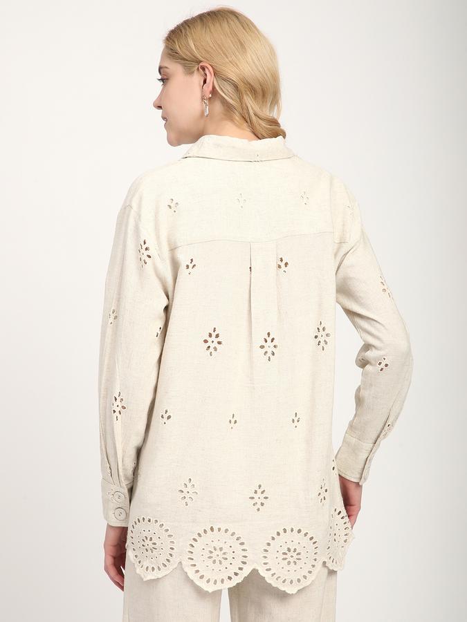 Women Viscose Relaxed Fit Shirt Collar Eyelet Top