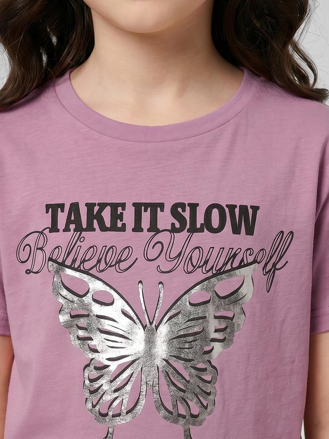 R&B Pink Graphic Print Girls Round Neck Regular Fit Short Sleeves T-Shirt 