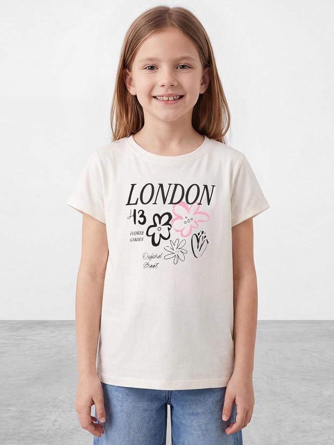 R&B Girls White City Graphic Print Short Sleeves Round Neck Pure Cotton T-Shirt