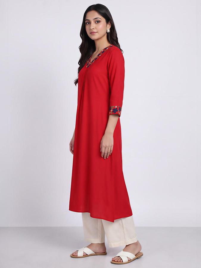 R&B Women Red Floral Embroidered V-Neck Three-Quarter Sleeve A-Line Kurta