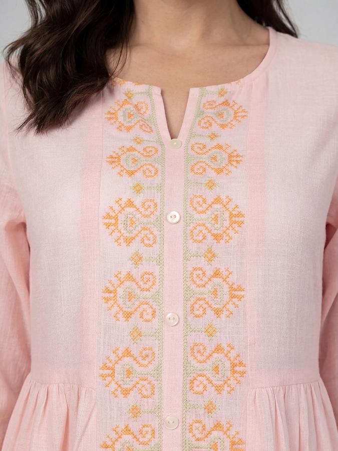 R&B Women Pink Embroidered Mandarin Collar Three-Quarter Sleeves Calf Length A-Line Kurta 