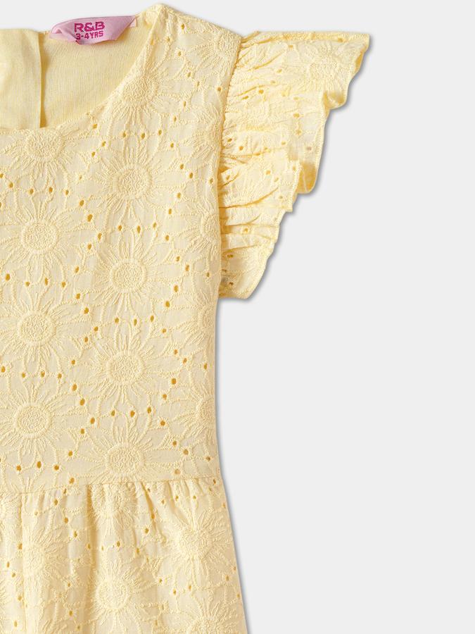 Girls Cotton Regular Fit Flutter Sleeves Embroidered Hem Dungaree