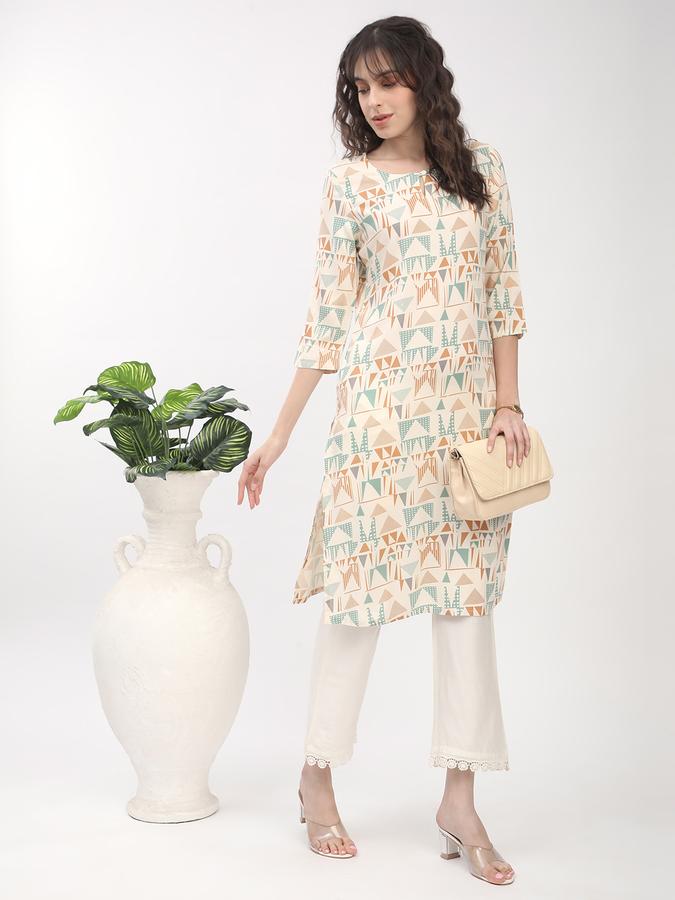 Women's regular fit casual off white geometric printed round neck straight kurta image number 1