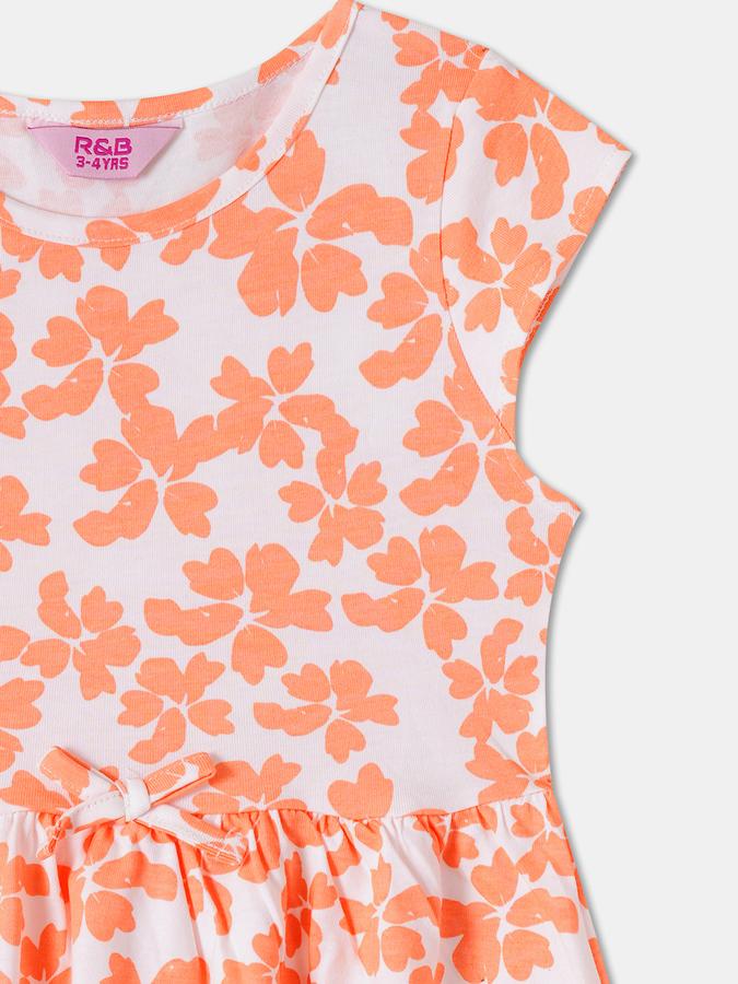 Girls Floral Print Short Sleeves Round Neck Knee Length Dress