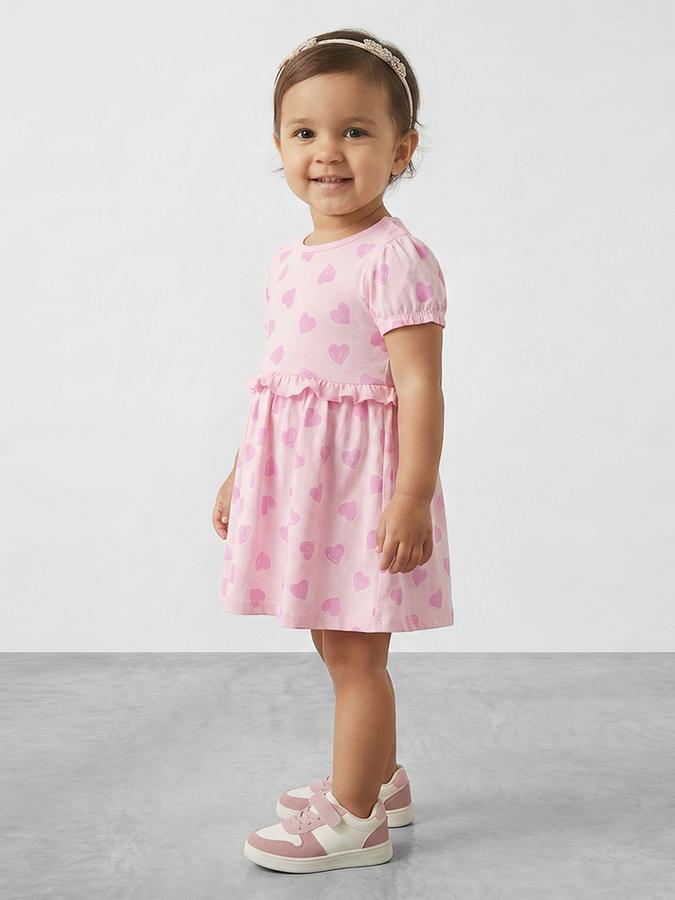 R&B Girl Pink Heart Print Pure Cotton Puff Sleeves Fit and Flare Dress