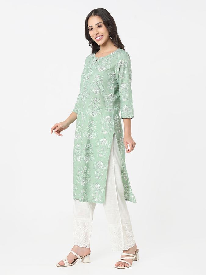 Women's regular fit casual floral block printed round neck sage straight kurta with couching  image number 2