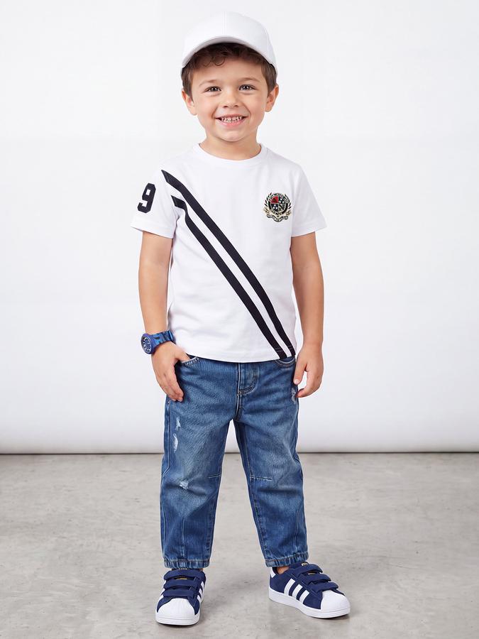 R&B Boys Beige Round Neck Varsity Club Collegiate Badge Diagonal Stripe Pure Cotton T-Shirt