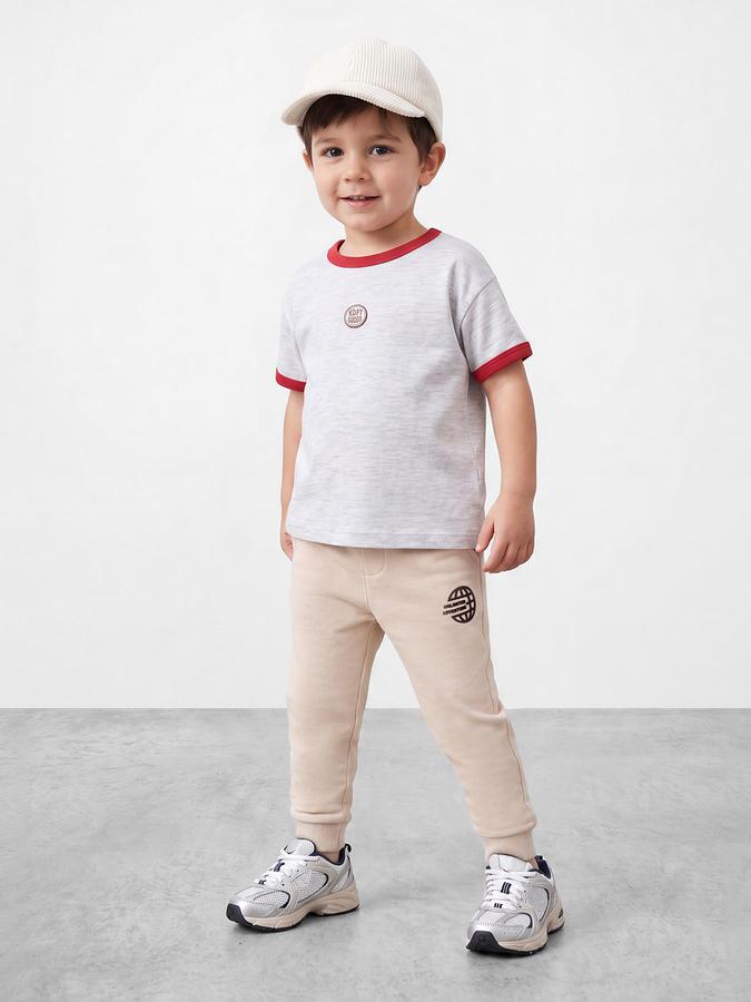 R&B Boys Beige Printed Pure Cotton Mid Rise Joggers