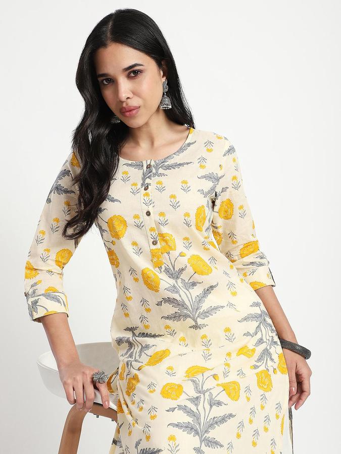 R&B Women Yellow Floral Print Round Neck Knee Length Pure Cotton Ethnic Kurta