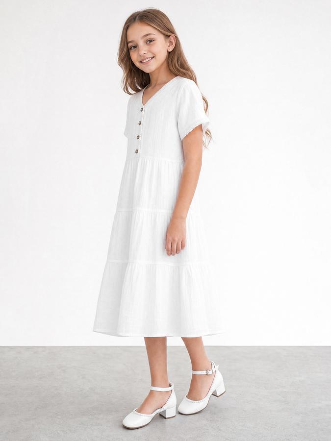 R&B Girl White Texture Pure Cotton Short Sleeves Fit and Flare Dress