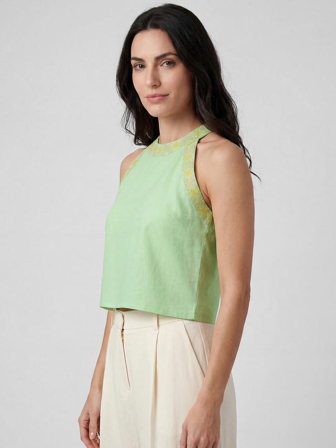 R&B Green Ethnic Motifs Print Halter Neck Sleeveless Women Top