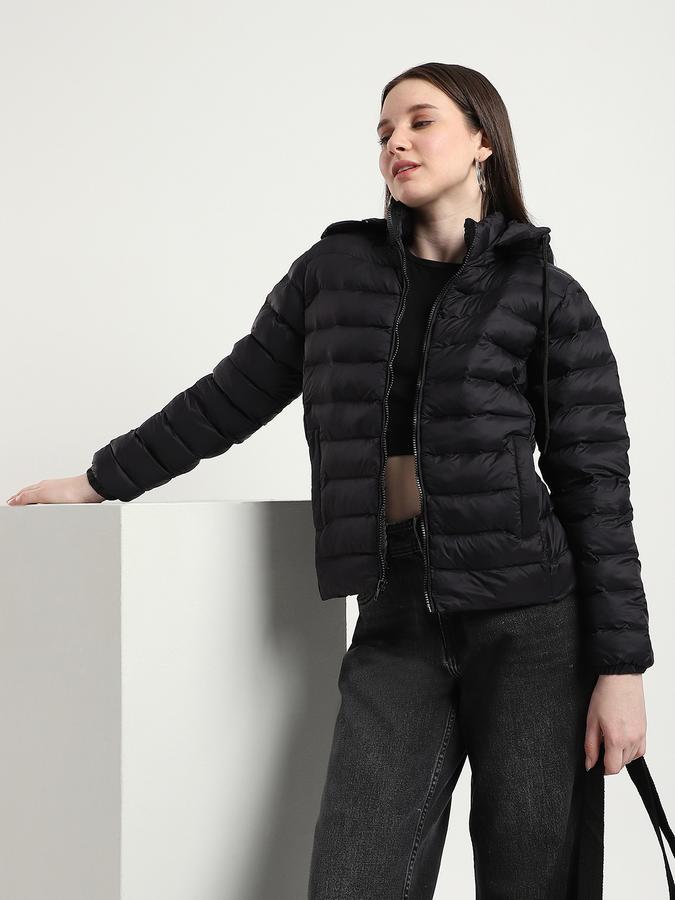 R&B Women Black Solid Puffer Jacket