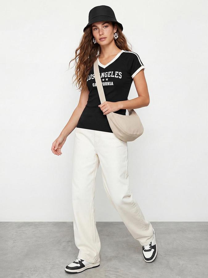 R&B Women Black Short Sleeves V-Neck Slim Fit Typography Print T-Shirt