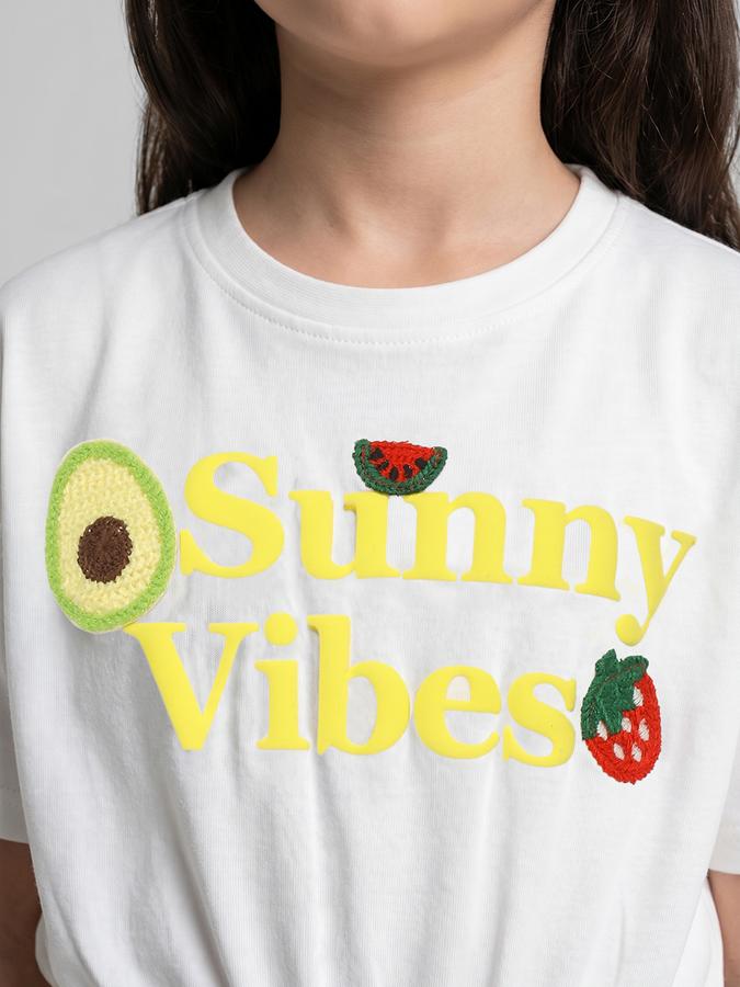 R&B White Graphic Print Girls Round Neck Regular Fit Short Sleeves T-Shirt 