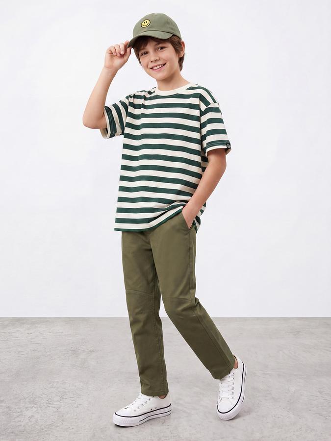 R&B Boys Olive Solid Regular Fit Mid Rise Trousers