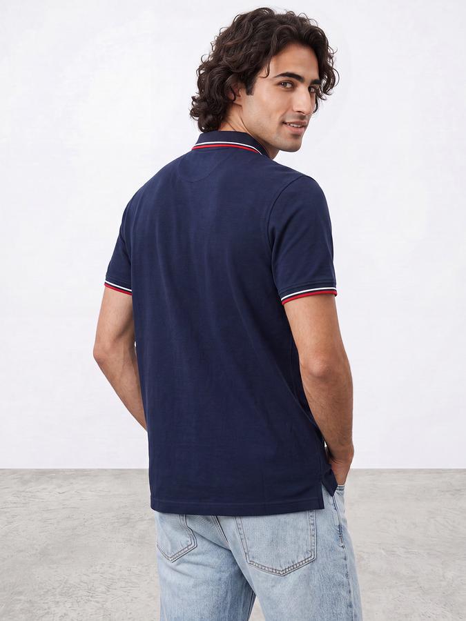 R&B Men Ink Blue Solid Short Sleeves Tipping Polo Collar Tshirt