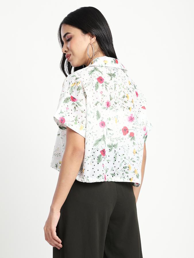 R&B Women Ivory Floral Print Drawstring-Hem Top