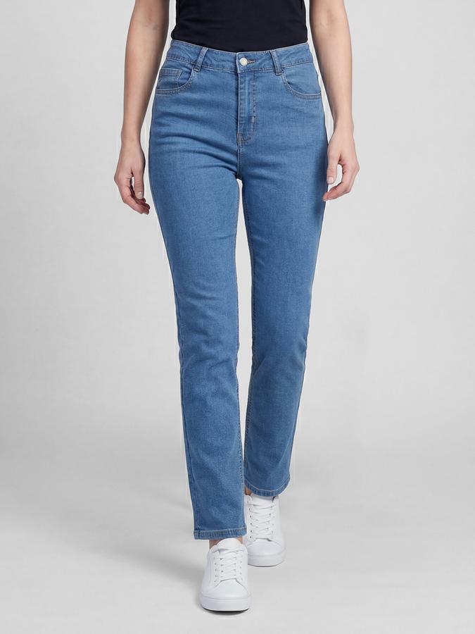 R&B Blue Solid Women Mid-Rise Straight Fit Jeans