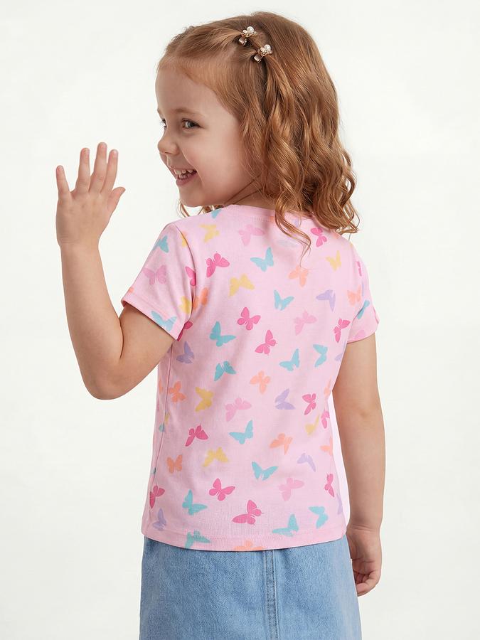 R&B Girls Pink Regular Fit Butterfly Print Short Sleeve T-shirt