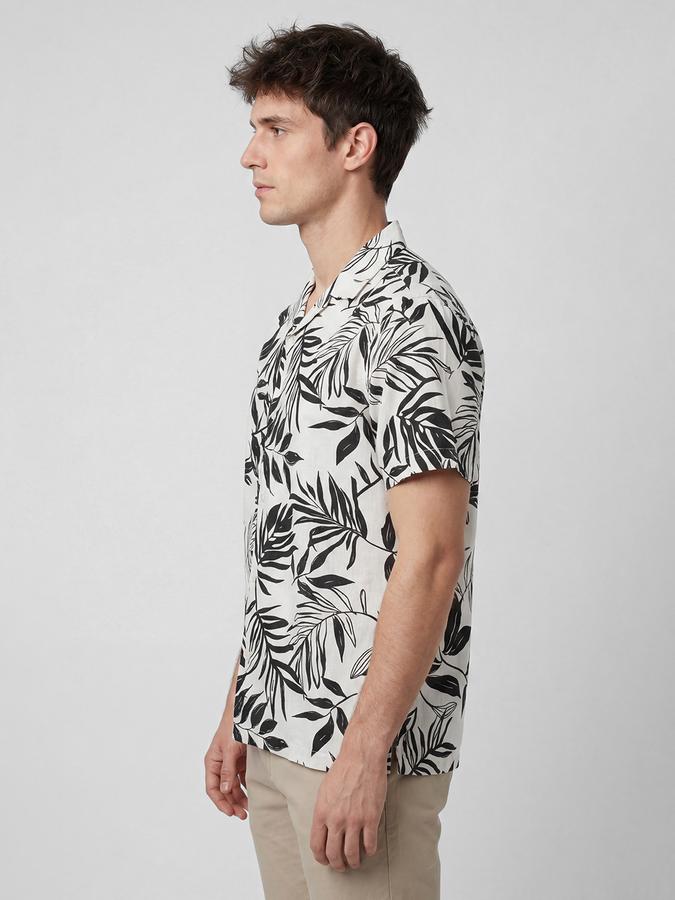 R&B Cream Floral Printed Men Cuban Collar Short Sleeves Shirt