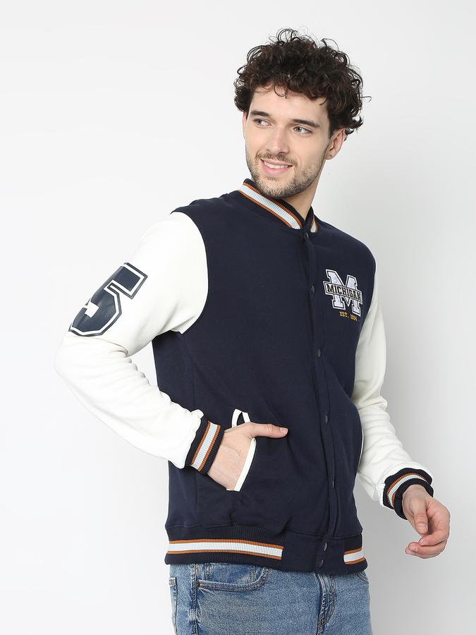 Men Cotton Regular Fit Patched Varsity Jacket