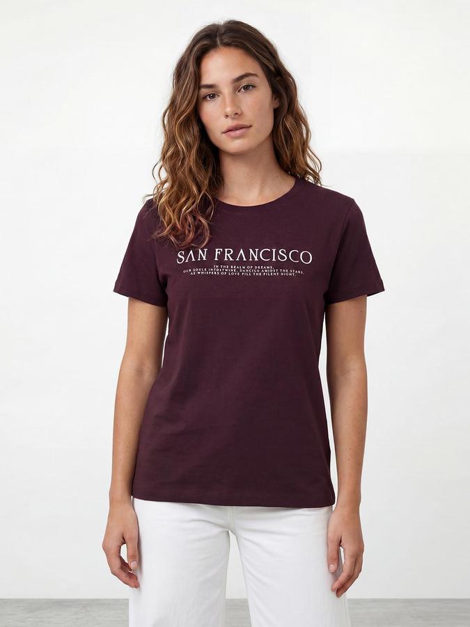 R&B Womens Wine Typography Printed Round Neck Half Sleeve Regular Fit Cotton T-Shirt