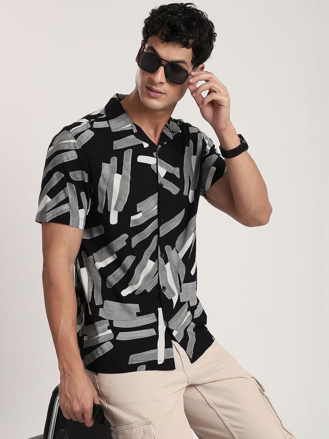 R&B Men Black Graphic Print Half Sleeves Cuban Collar Relaxed Fit Shirt