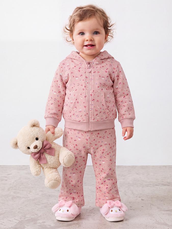 R&B Girls Light Pink Floral Print Hooded Sweatshirt & Pants Night Suit