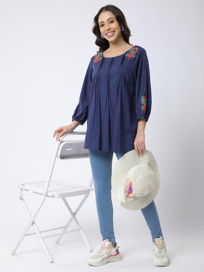 Women Cotton Relaxed Fit Round Neck Embroidered Ethnic Top