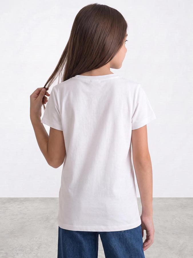 R&B Girls White Graphic Print Short Sleeves Round Neck Pure Cotton T-Shirt