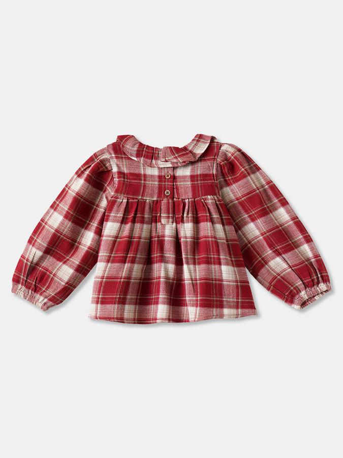 Girls Cotton Regular Fit Ruffled Collar Long Sleeve Plaid Top