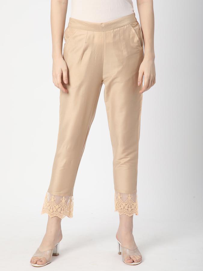 Women Poly Blend Cigarette Elasticated Waist Lace Detail Trousers