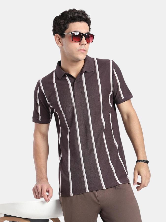 R&B Burgundy Striped Men Short Sleeve Polo T-shirt