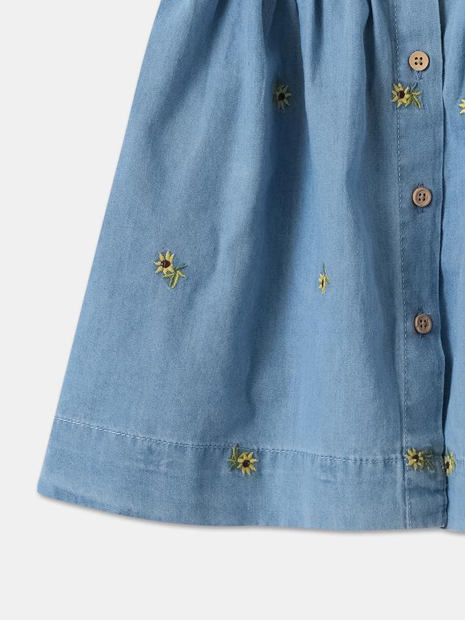 Girls Floral Embroidered Short Sleeve Round Neck A-Line Dress