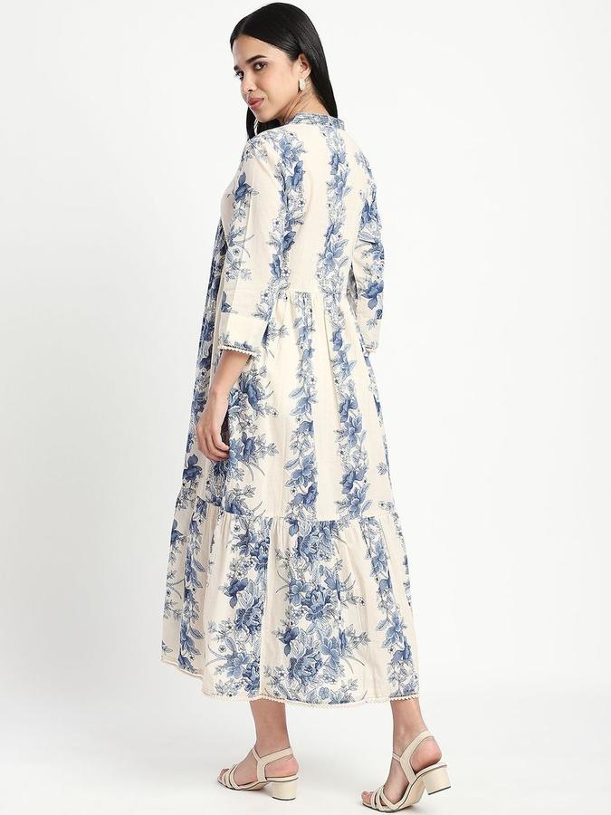 R&B Women Off White Floral Three-Quarter Sleeves V-Neck Midi A-Line Ethnic Dress