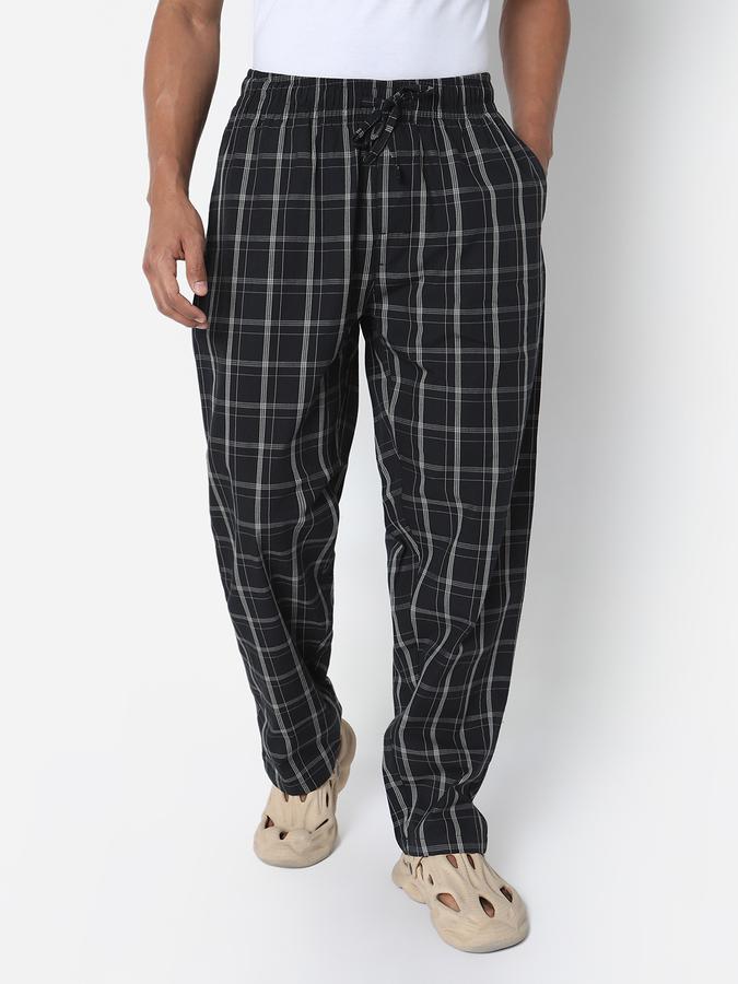 Men Cotton Relaxed Fit Drawstring Waist Checks Trousers