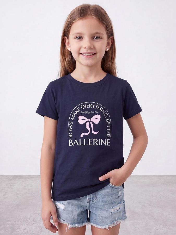 R&B Girls Blue Graphic Print Short Sleeves Round Neck Pure Cotton T-Shirt