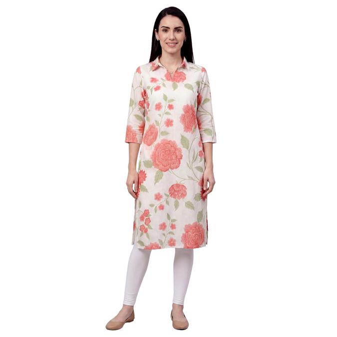 R&B Peach Women Shirt Collar Three-Quarter Sleeves Kurta 