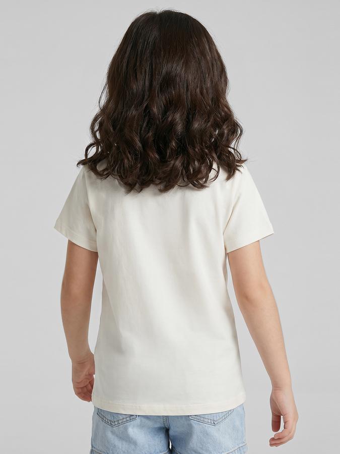 R&B White Graphic Print Girls Round Neck Regular Fit Short Sleeves T-Shirt 