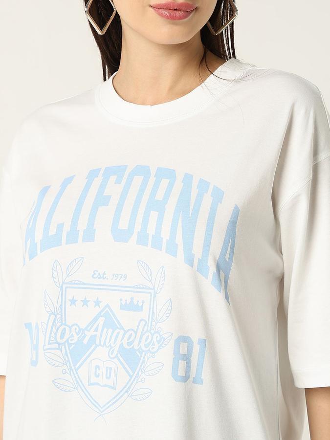 R&B Womens White Typography Printed  Round Neck Short Sleeves T-shirt