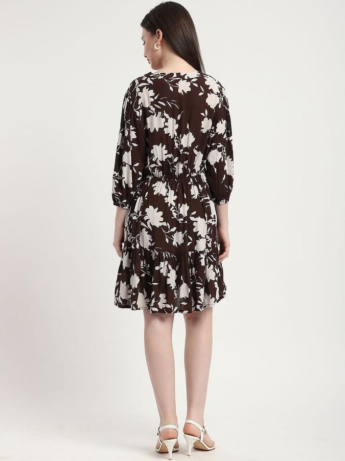 R&B Women Brown Floral Three-Quarter Sleeves V-Neck Mini Fit &amp; Flare Dress