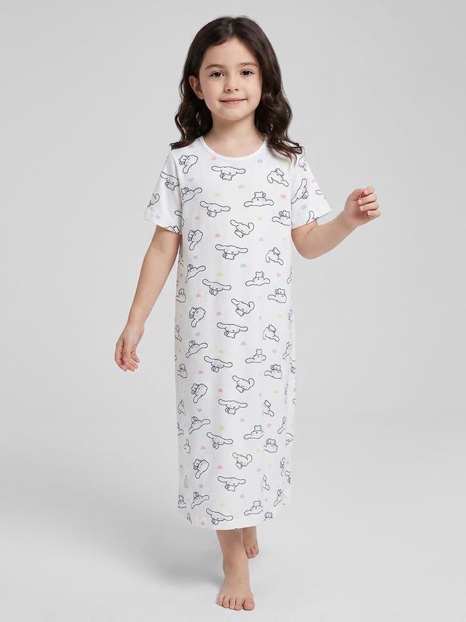 R&B White Printed Short Sleeves Round Neck Maxi Girls T-shirt Nightdress