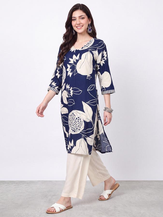 R&B Womens Navy Blue Three-Quarter Sleeves V Neck Floral Printed Straight Kurta