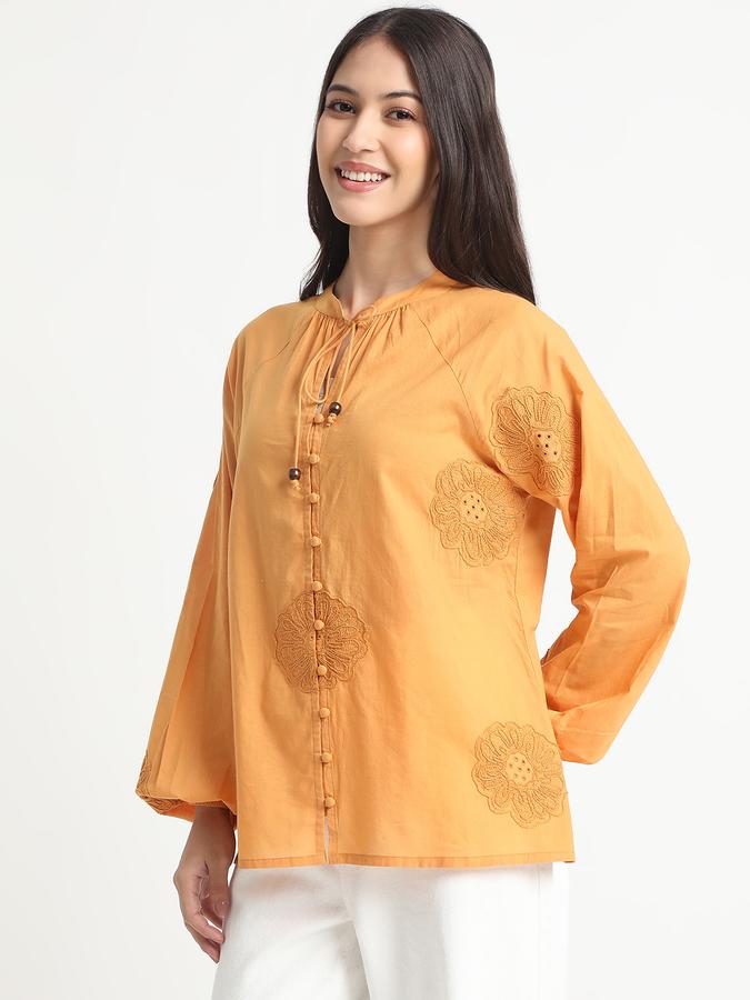 Women Cotton Relaxed Fit Tie Neck Embroidered Top