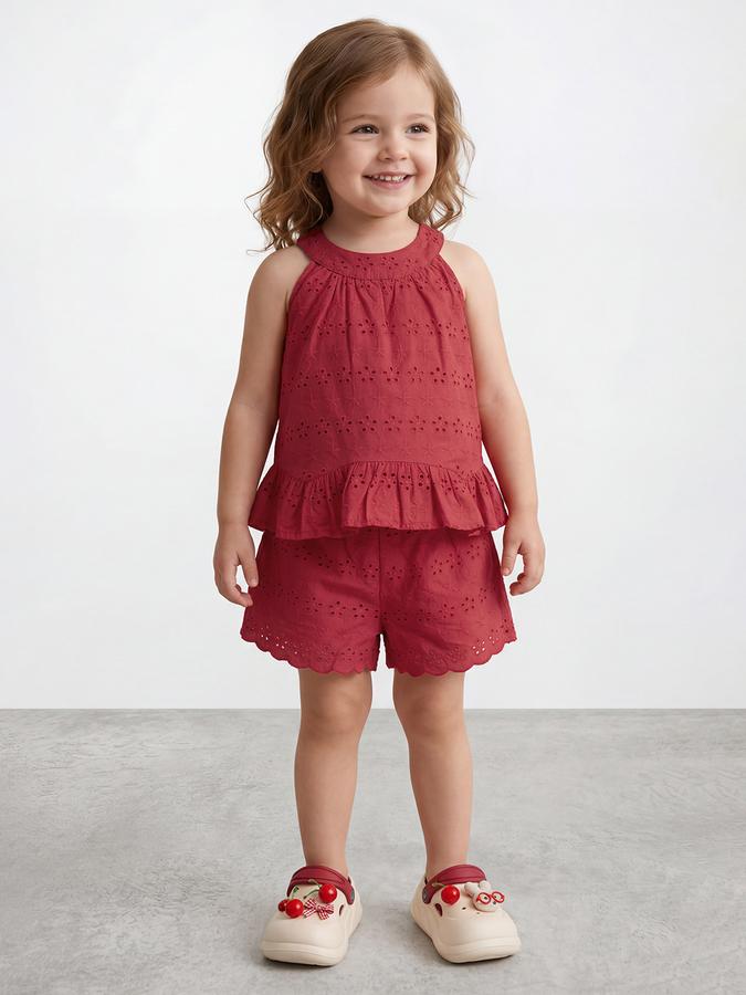 R&B Girl Red Self Design Cotton Blend Sleeveless Clothing Set