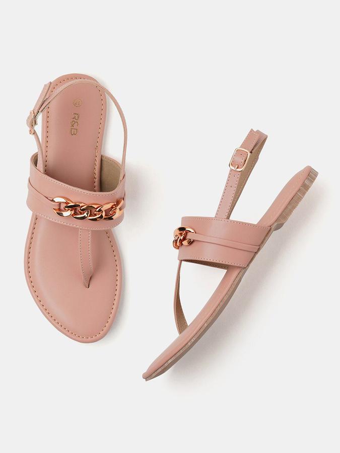 R&B Women Peach Embellished Chain Detailing Back Strap Flats