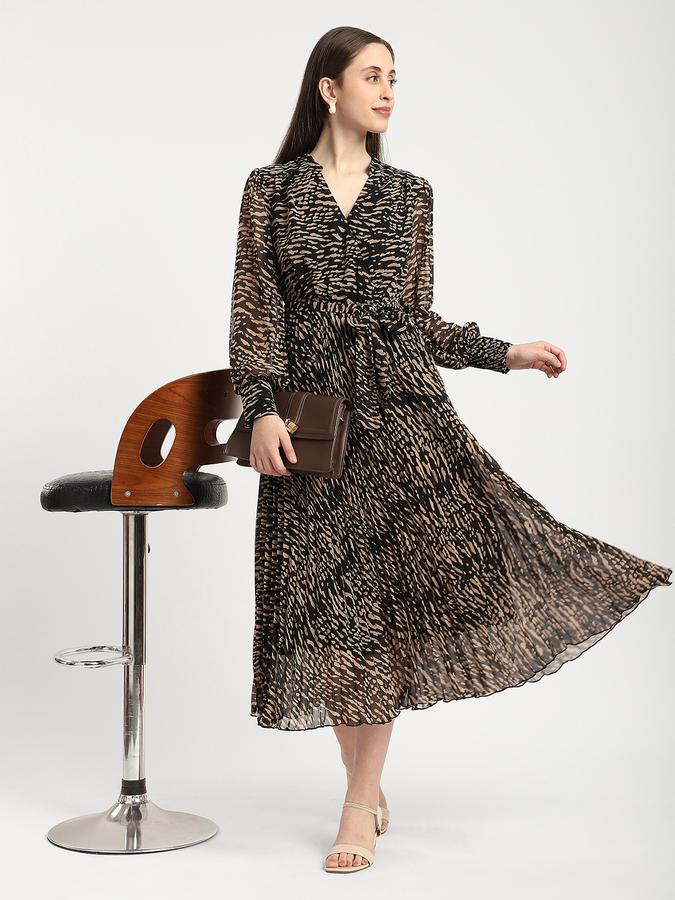 Women Chiffon Fit And Flare Midi Animal Print Dress