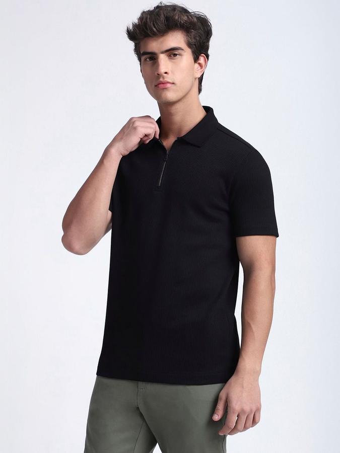 Men Cotton Regular Fit Polo Neck Textured T-shirt