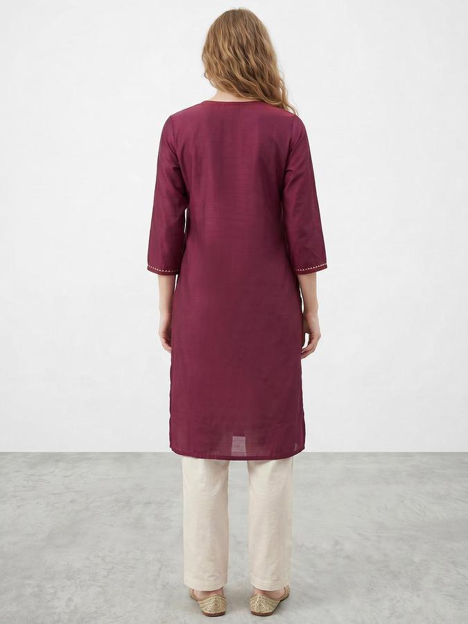R&B Women Maroon Embroidered Round Neck Three-Quarter Sleeves Calf Length Straight Kurta 