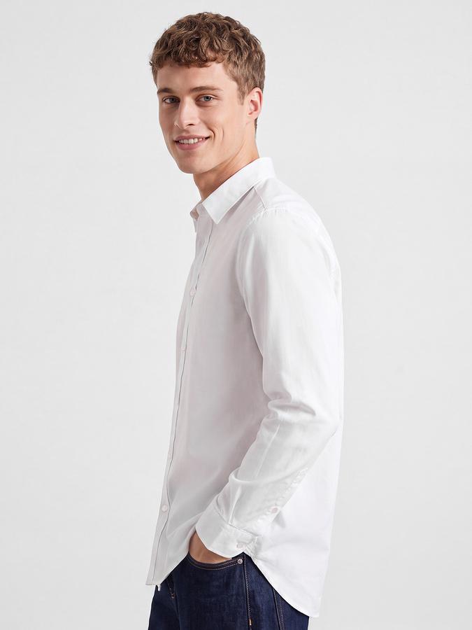 R&B Men's White Long Sleeves Spread Collar Cotton Slub Shirt